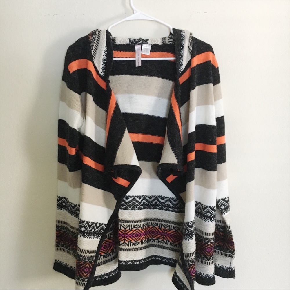 Open Front Tribal Aztec Striped Hooded Cardigan Sweater Chunky Y2K